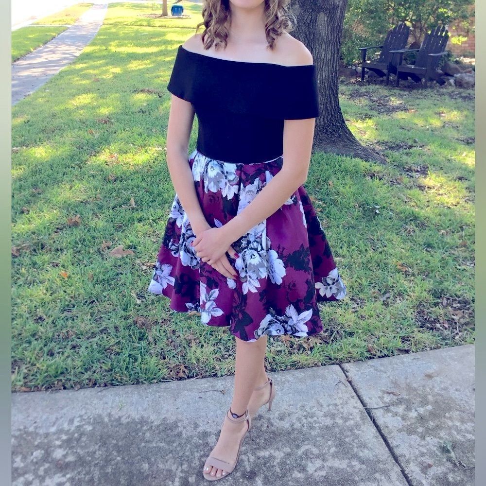 Betsy & Adam Formal Dress Off the Shoulder Fit and Flare Black Burgundy 2